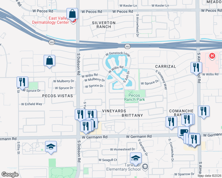 map of restaurants, bars, coffee shops, grocery stores, and more near 1675 South Villas Lane in Chandler