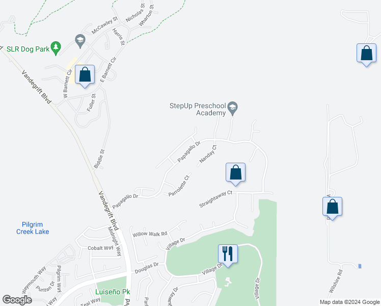 map of restaurants, bars, coffee shops, grocery stores, and more near 5499 Papagallo Drive in Oceanside