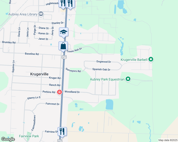 map of restaurants, bars, coffee shops, grocery stores, and more near 112 Spanish Oak Drive in Aubrey