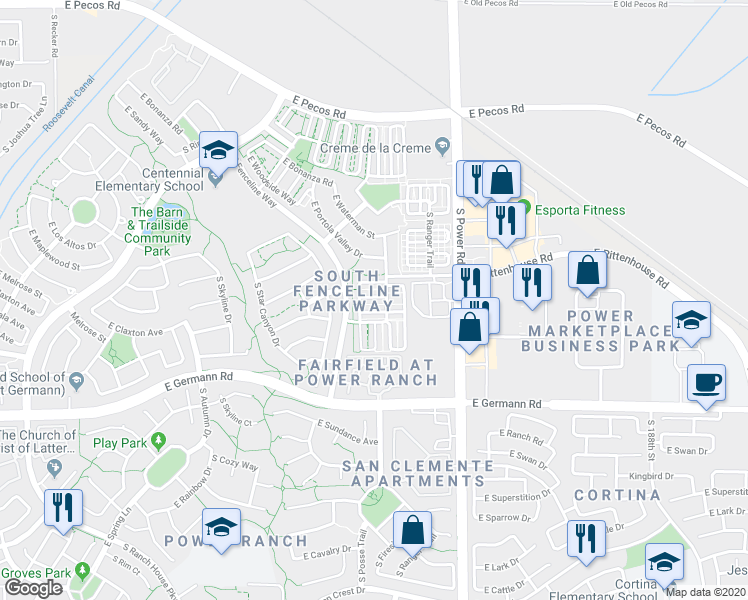 map of restaurants, bars, coffee shops, grocery stores, and more near 4629 East Blue Sage Road in Gilbert