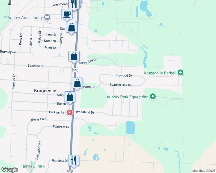 map of restaurants, bars, coffee shops, grocery stores, and more near 112 Spanish Oak Drive in Aubrey