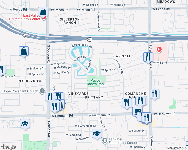 map of restaurants, bars, coffee shops, grocery stores, and more near 1548 West Maplewood Street in Chandler