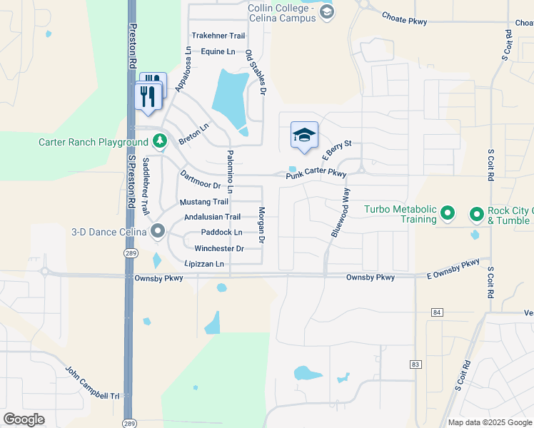 map of restaurants, bars, coffee shops, grocery stores, and more near 2906 Morgan Drive in Celina