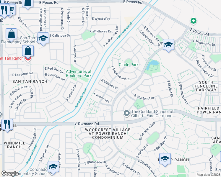 map of restaurants, bars, coffee shops, grocery stores, and more near 3918 East Claxton Avenue in Gilbert