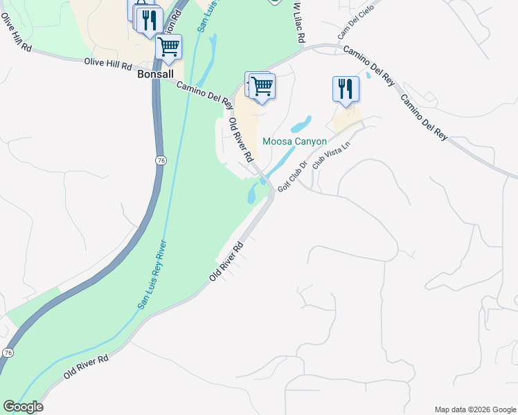 map of restaurants, bars, coffee shops, grocery stores, and more near 31242 Old River Road in Bonsall
