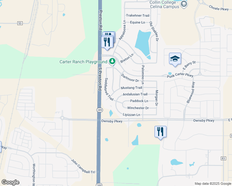 map of restaurants, bars, coffee shops, grocery stores, and more near 301 Mustang Trail in Celina