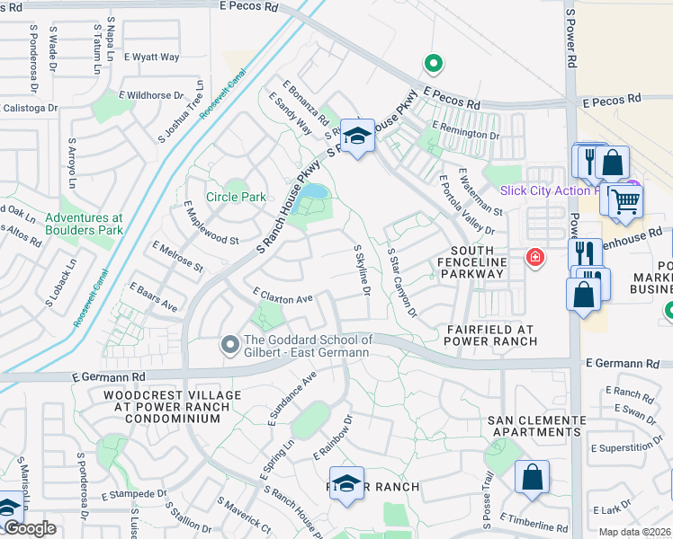 map of restaurants, bars, coffee shops, grocery stores, and more near 4266 East Blue Sage Court in Gilbert