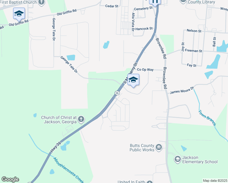 map of restaurants, bars, coffee shops, grocery stores, and more near 1538 Georgia 36 in Jackson