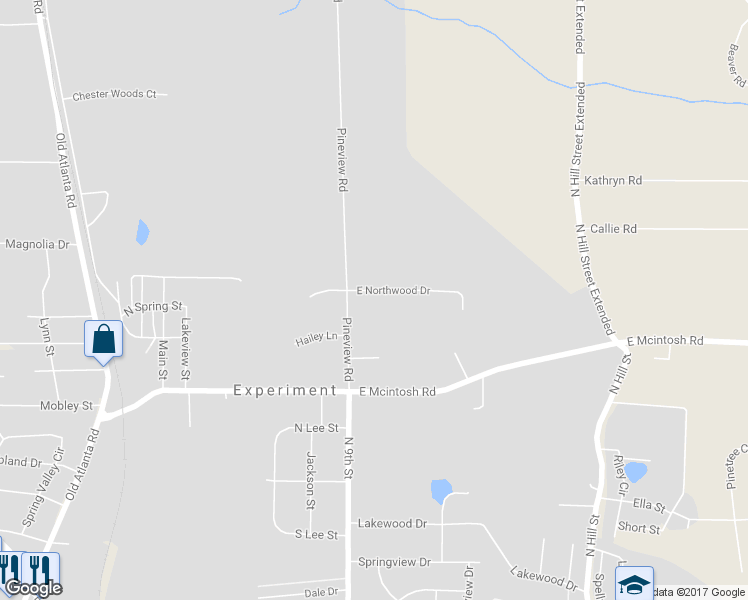 map of restaurants, bars, coffee shops, grocery stores, and more near 404 East Northwood Drive in Griffin