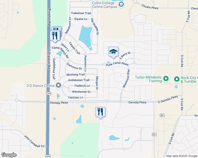 map of restaurants, bars, coffee shops, grocery stores, and more near 2906 Morgan Drive in Celina