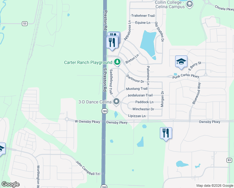 map of restaurants, bars, coffee shops, grocery stores, and more near 301 Mustang Trail in Celina