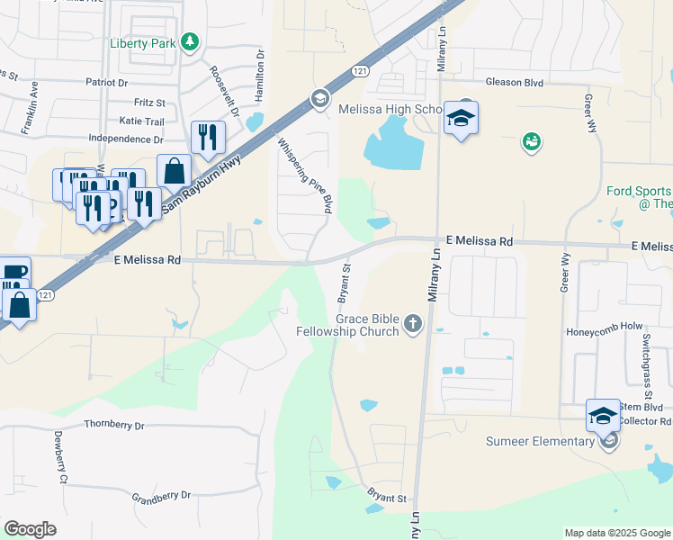 map of restaurants, bars, coffee shops, grocery stores, and more near 2645 Bryant Street in Melissa