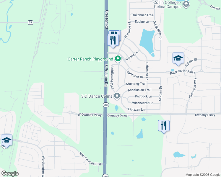 map of restaurants, bars, coffee shops, grocery stores, and more near 2839 Saddlebred Trail in Celina