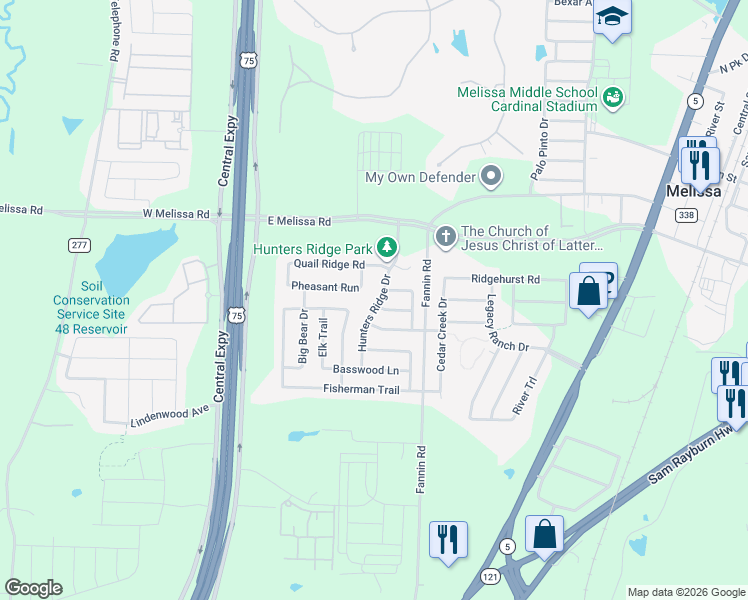map of restaurants, bars, coffee shops, grocery stores, and more near 511 Hunters Ridge Drive in Melissa