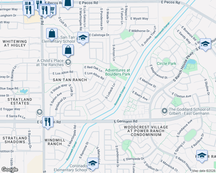 map of restaurants, bars, coffee shops, grocery stores, and more near 3765 South Brighton Lane in Gilbert