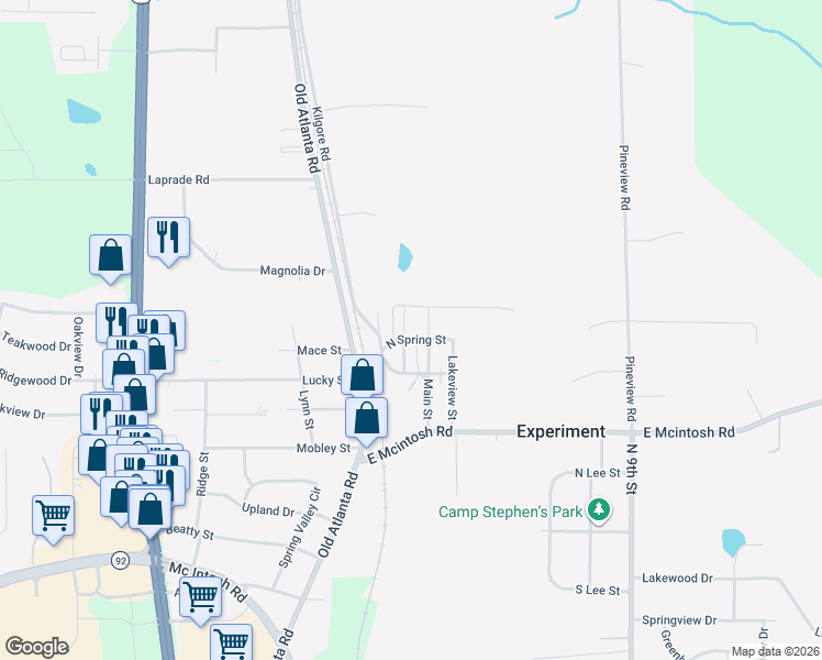 map of restaurants, bars, coffee shops, grocery stores, and more near 214 Park Street in Griffin