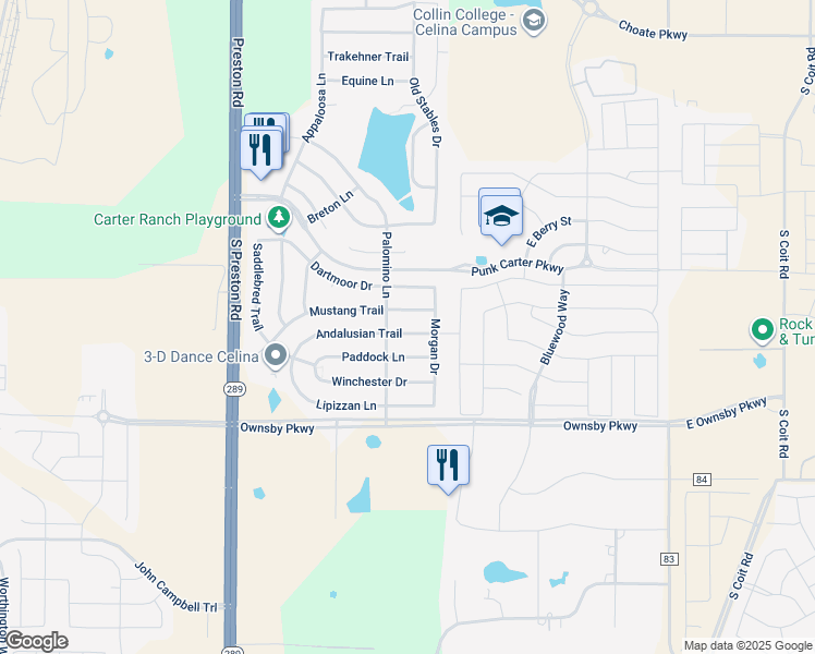 map of restaurants, bars, coffee shops, grocery stores, and more near 506 Andalusian Trail in Celina