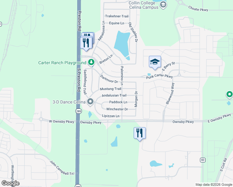 map of restaurants, bars, coffee shops, grocery stores, and more near 436 Andalusian Trail in Celina