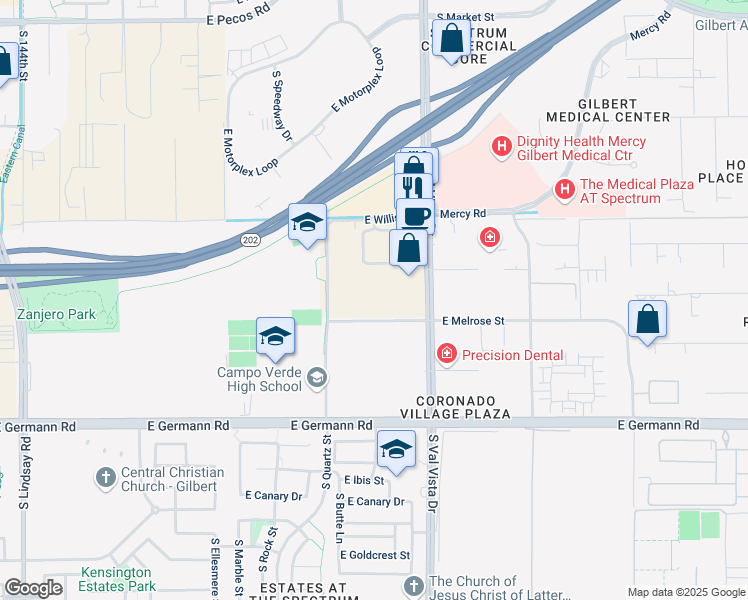 map of restaurants, bars, coffee shops, grocery stores, and more near 1500 East Melrose Street in Gilbert