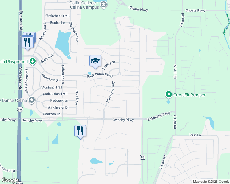 map of restaurants, bars, coffee shops, grocery stores, and more near 3131 Royal Lane in Celina