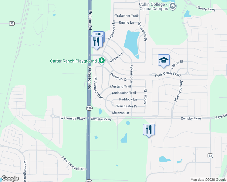 map of restaurants, bars, coffee shops, grocery stores, and more near 420 Andalusian Trail in Celina