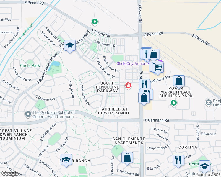 map of restaurants, bars, coffee shops, grocery stores, and more near 4629 East Blue Sage Road in Gilbert