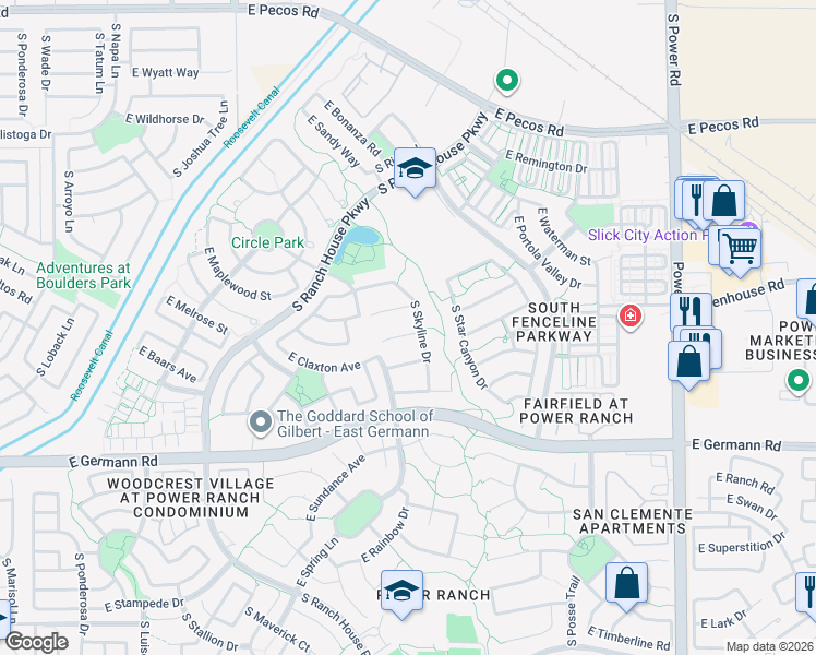 map of restaurants, bars, coffee shops, grocery stores, and more near 4266 East Blue Sage Court in Gilbert