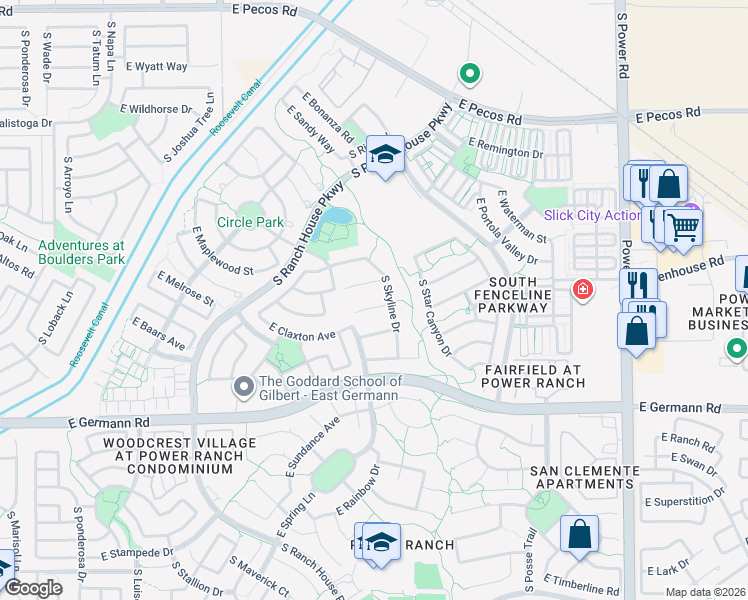 map of restaurants, bars, coffee shops, grocery stores, and more near 4266 East Blue Sage Court in Gilbert