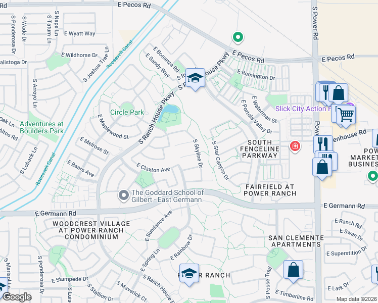 map of restaurants, bars, coffee shops, grocery stores, and more near 4266 East Blue Sage Court in Gilbert