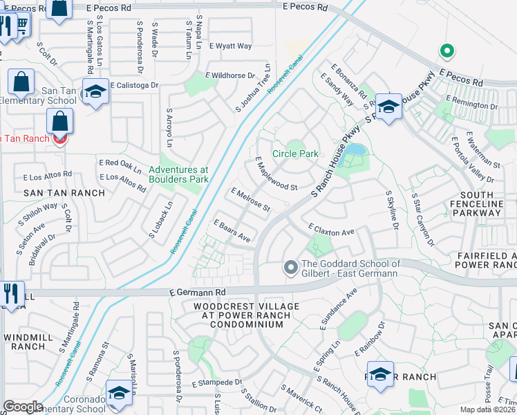 map of restaurants, bars, coffee shops, grocery stores, and more near 3918 East Claxton Avenue in Gilbert