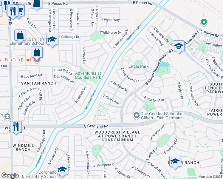 map of restaurants, bars, coffee shops, grocery stores, and more near 3854 East Battala Avenue in Gilbert