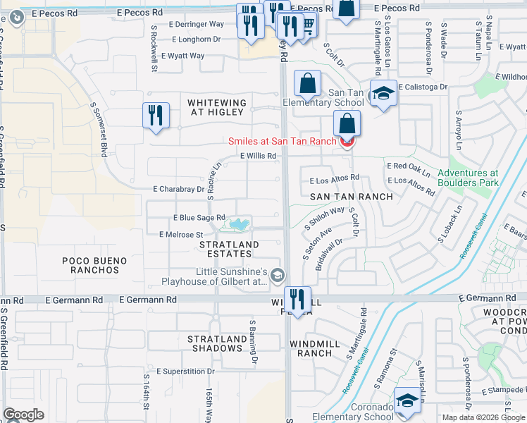map of restaurants, bars, coffee shops, grocery stores, and more near 3144 East Blue Sage Court in Gilbert
