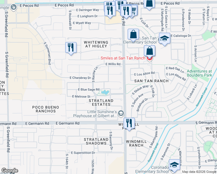map of restaurants, bars, coffee shops, grocery stores, and more near 3086 East Blue Sage Road in Gilbert