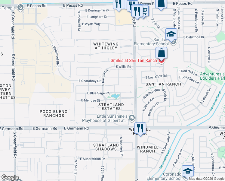map of restaurants, bars, coffee shops, grocery stores, and more near 3024 East Blue Sage Road in Gilbert