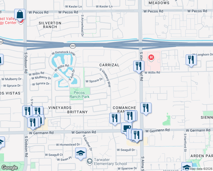 map of restaurants, bars, coffee shops, grocery stores, and more near 1321 West Maplewood Street in Chandler