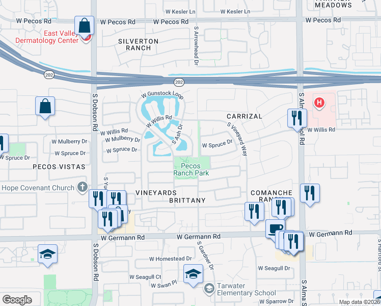 map of restaurants, bars, coffee shops, grocery stores, and more near 1548 West Maplewood Street in Chandler
