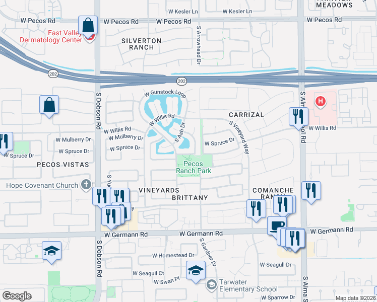 map of restaurants, bars, coffee shops, grocery stores, and more near 1548 West Maplewood Street in Chandler