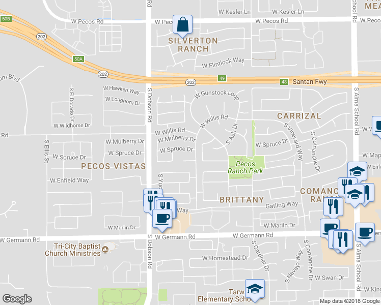 map of restaurants, bars, coffee shops, grocery stores, and more near 1773 West Spruce Drive in Chandler