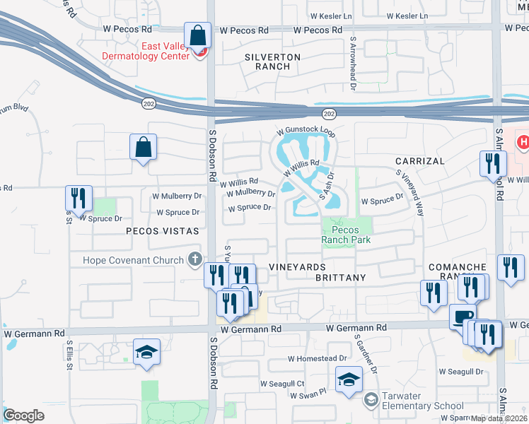map of restaurants, bars, coffee shops, grocery stores, and more near 1773 West Spruce Drive in Chandler