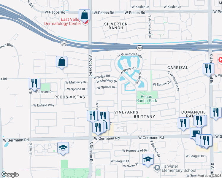 map of restaurants, bars, coffee shops, grocery stores, and more near 1773 West Spruce Drive in Chandler