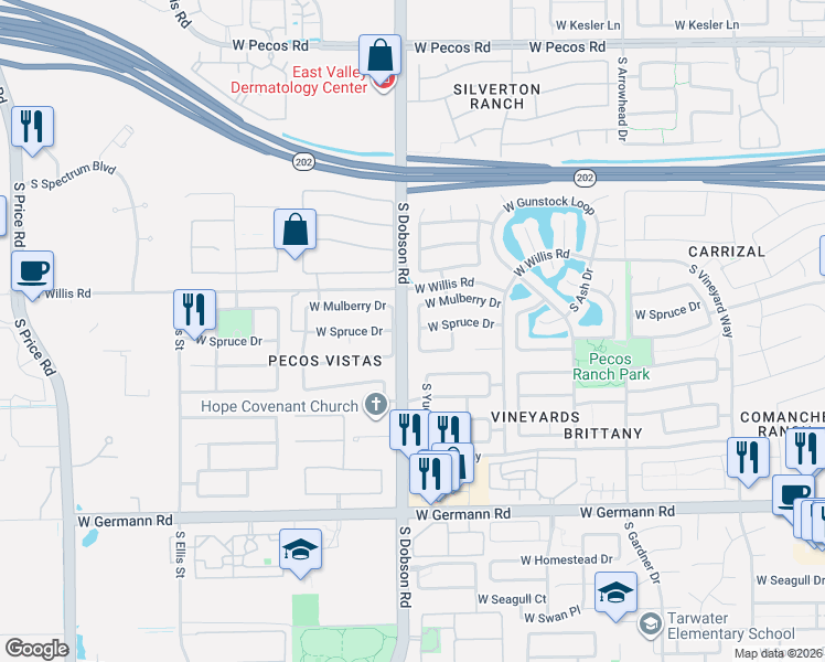 map of restaurants, bars, coffee shops, grocery stores, and more near 1610 South Yucca Street in Chandler