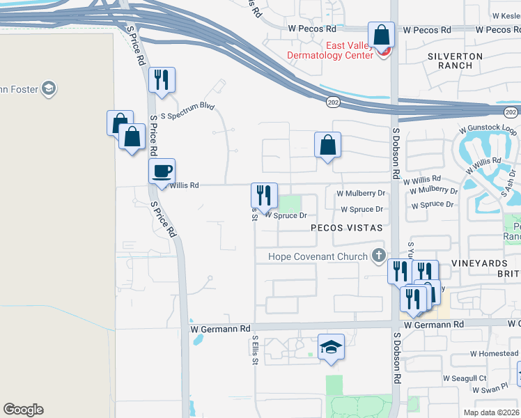 map of restaurants, bars, coffee shops, grocery stores, and more near 2492 West Spruce Drive in Chandler