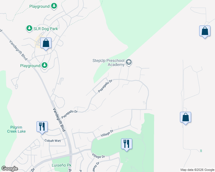 map of restaurants, bars, coffee shops, grocery stores, and more near 5499 Papagallo Drive in Oceanside