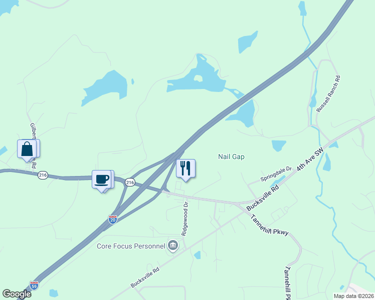 map of restaurants, bars, coffee shops, grocery stores, and more near U.S. 11 in McCalla