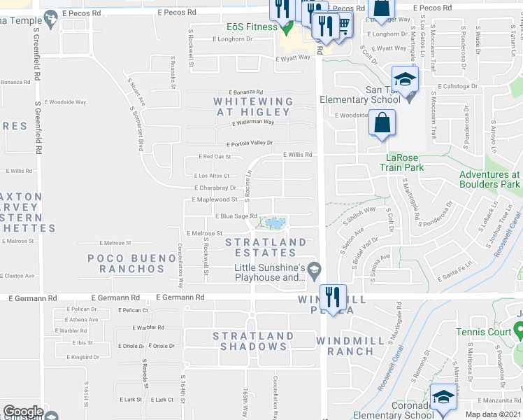 map of restaurants, bars, coffee shops, grocery stores, and more near 3024 East Blue Sage Road in Gilbert