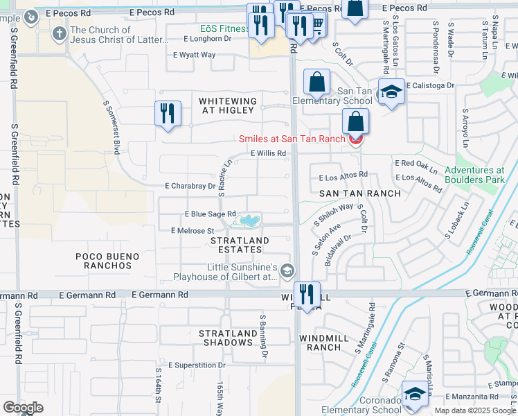 map of restaurants, bars, coffee shops, grocery stores, and more near 3086 East Blue Sage Road in Gilbert