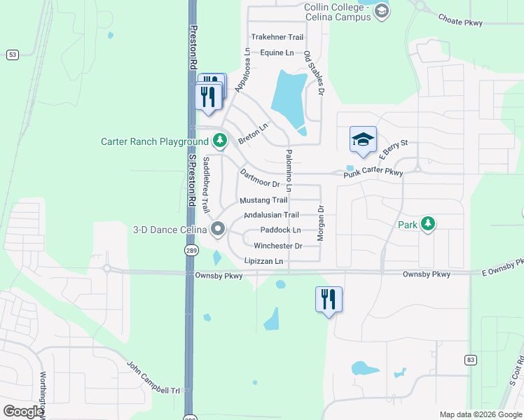 map of restaurants, bars, coffee shops, grocery stores, and more near 426 Andalusian Trail in Celina