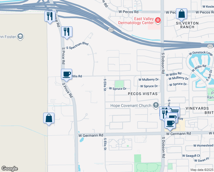 map of restaurants, bars, coffee shops, grocery stores, and more near 2492 West Spruce Drive in Chandler