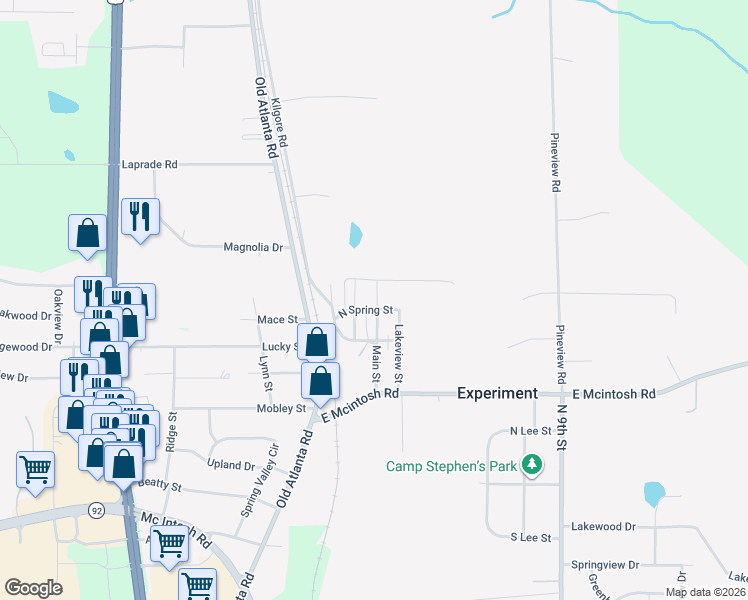 map of restaurants, bars, coffee shops, grocery stores, and more near 341 Main Street in Griffin