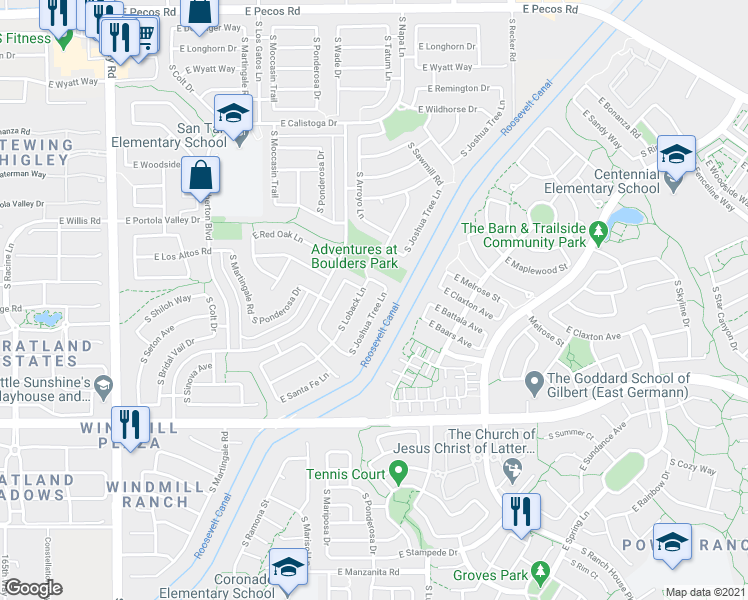 map of restaurants, bars, coffee shops, grocery stores, and more near 3770 South Joshua Tree Lane in Gilbert